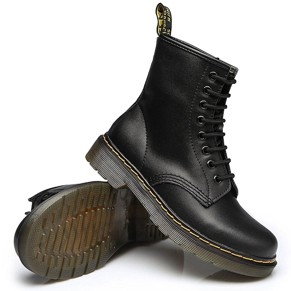 New Woman's Ladies Black Leather Combat Ankle Boot - Picture 2 of 3